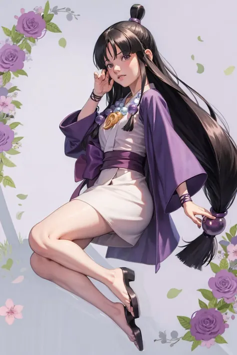 masterpiece, best quality,maya fey, 1girl, solo, black hair, magatama, v, long hair, jewelry, japanese clothes, necklace, purple eyes, hair ornament,(kbxll:0.6)