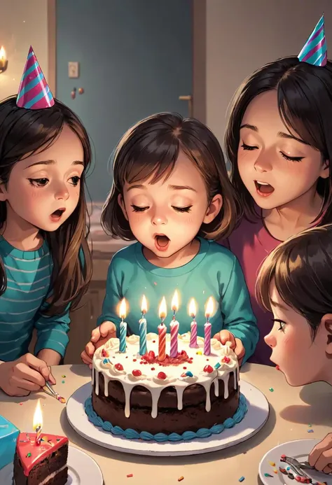 A child blowing out candles on a birthday cake