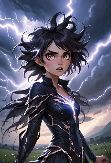 Fearless Female Fairy, her hair is Black, Messy hair, Lightning in the sky, Morning