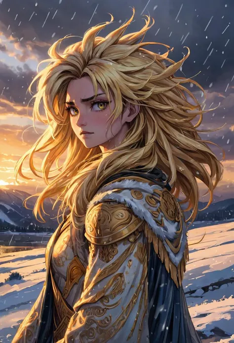 Xenial Female Xerus, her hair is Gold, Messy hair, Sleet in the sky, Sunrise