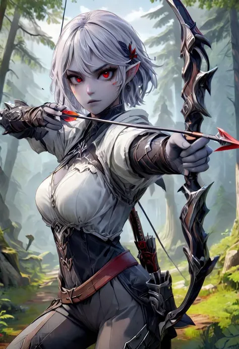 ash elf, drow, (grey skin:2), short grey hair, shirt and trousers, (angry:1.2), cleavage, long shot, red eyes, in a forest clearing,  <lora:XL_Weapon_Bow_-_By_HailoKnight:1> Aiming a Bow