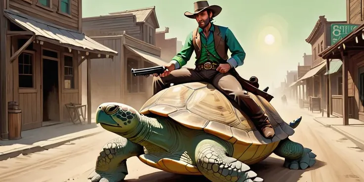 absurdist oil painting of a ruggedly handsome cowboy, age 50) riding a (giant turtle with a green shell, and the turtle casts the shadow of a resplendent Chinese dragon), down the dusty street in an 1850s Old West town with wooden buildings like shops and saloons and a brothel. The cowboy is holding a realistic Remington shotgun with flowers in the gun barrels. The whole scene is painted in dusty sepia and brown tones