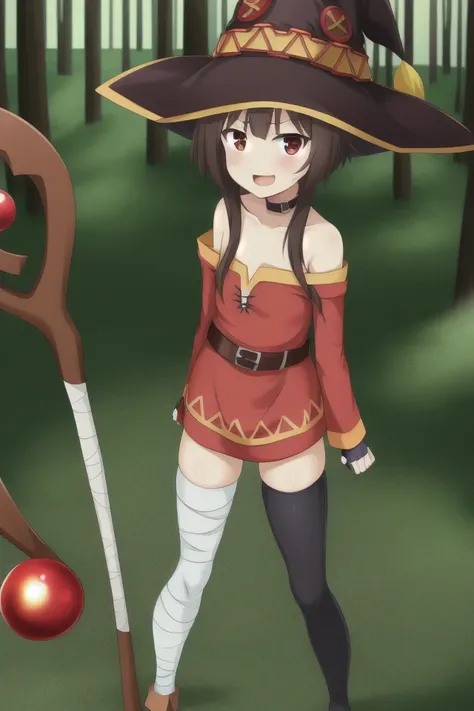 <lora:megumin_v10:1> megumin,
kono subarashii sekai ni shukufuku wo!, 1girl, solo, standing, looking at viewer, (no headwear:1.1), brown hair, short hair with long locks, red eyes, blush, open mouth, smile, black choker, collarbone, flat chest, off-shoulder dress, dress, red dress, long sleeves, black gloves, fingerless gloves, belt, brown belt, gold trim, zettai ryouiki, skindentation, (asymmetrical legwear:1.4), mismatched legwear, (bandaged leg:1.3), black thighhighs, witch hat, staff, hands on own face, (forest:1.4),