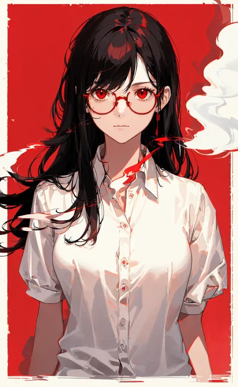 (illustration:1.2), (mature female:1.2), 1girl, solo, red background, smoke, long hair, black hair, simple background, outside border, looking at viewer, red eyes, shirt, bangs, collared shirt, white shirt, upper body, closed mouth, glasses