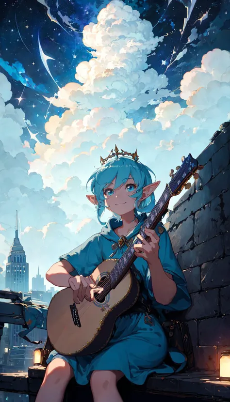 masterpiece, best quality, cartoon illustration, the cloud elf queen busks on the streets of new york, cute, casual, sitting, playing guitar, dark moody lighting, night sky, night, starry sky, glittering, dark, (smile:0.8)