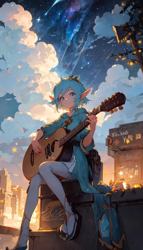 masterpiece, best quality, cartoon illustration, the cloud elf queen busks on the streets of new york, cute, casual, sitting, playing guitar, dark moody lighting, night sky, night, starry sky, glittering, dark, (smile:0.8)