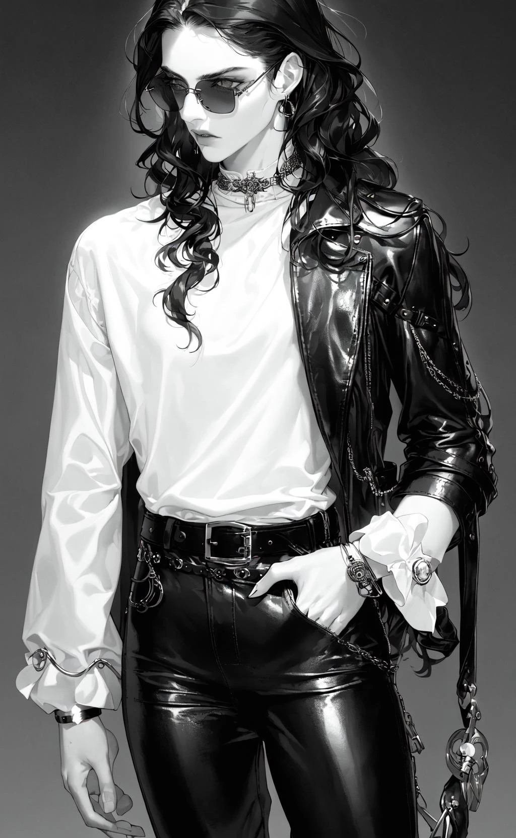 black and white fashion photography, fashion editorial photography, close-up, boy with long wavy hair, androgynous, shirt, leather pants, glasses, belt, jewelry, simple background, professional photography, soft lighting, grayscale