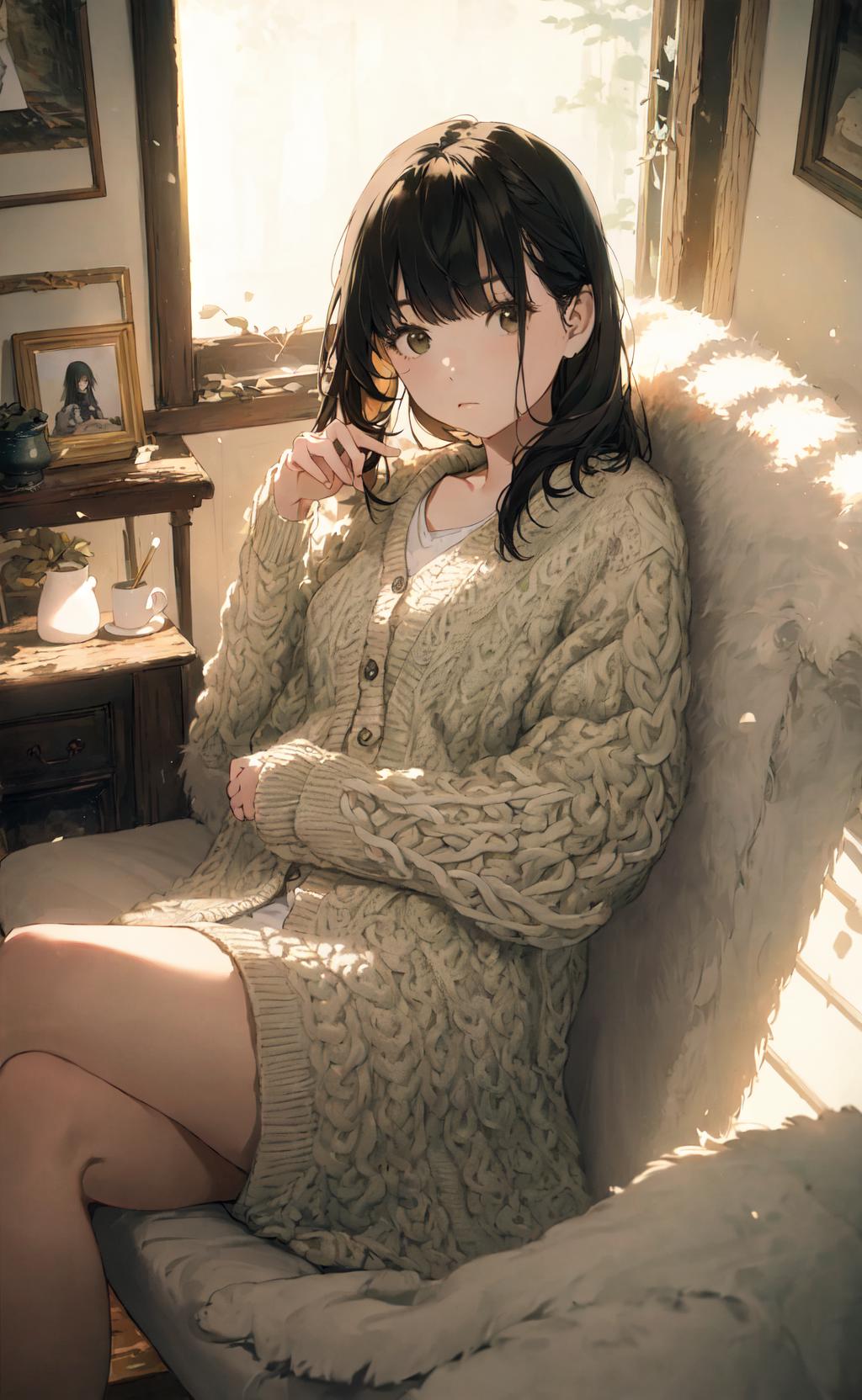 Anime girl sitting in a chair with a cat on her lap - SeaArt AI