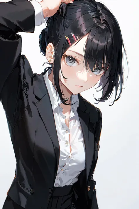 masterpiece, best quality, 1girl, black ponytail, hairclip, blazer, shirt, trousers