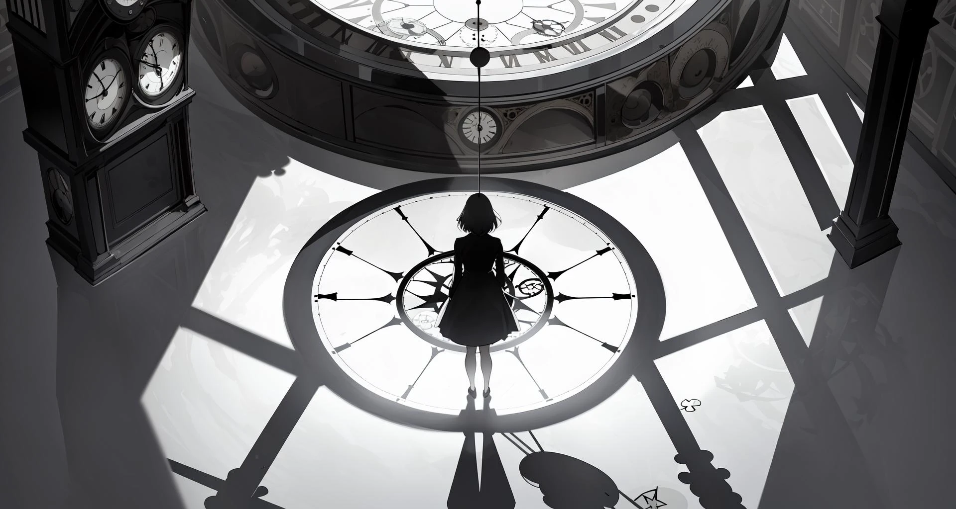 masterpiece,best quality,stream of consciousness,Minimalism,Surrealism,shadow minimalism,abstract,wide shot,from above,the floor is a huge clockface,far away,a girl standing in the center of clock,back,abstract window and shadow,architecture,brightly lit interior,spot light,black and white,lonely,<lora:EnvyShadowMinimalismXL01:1>,
