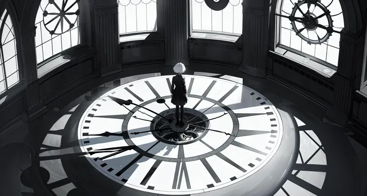 masterpiece,best quality,stream of consciousness,Minimalism,Surrealism,shadow minimalism,abstract,wide shot,from above,the floor is a huge clockface,far away,a girl standing in the center of clock,back,abstract window and shadow,scenery,spot light,black and white,lonely,<lora:EnvyShadowMinimalismXL01:1>,