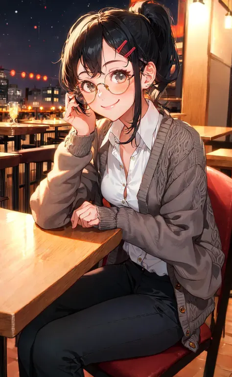 masterpiece, best quality, 1girl, black ponytail, hairclip, shirt, cardigan, trousers, glasses, sitting at a restaurant, night, blush, smile