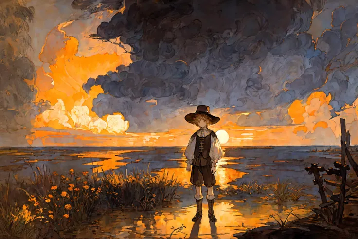 masterpiece, best quality, 1boy, [romanticism art:0.7], nature, sunset, rembrandt lighting, dutch, [by Henriëtte Ronner-Knip and Willem Kalf:0.7], cloudy sky, sea,