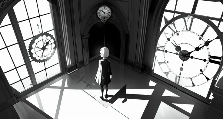 masterpiece,best quality,stream of consciousness,Minimalism,Surrealism,shadow minimalism,abstract,wide shot,from above,the floor is a huge clockface,far away,a girl standing in the center of clock,back,abstract window and shadow,architecture,brightly lit interior,spot light,black and white,lonely,<lora:EnvyShadowMinimalismXL01:1>,