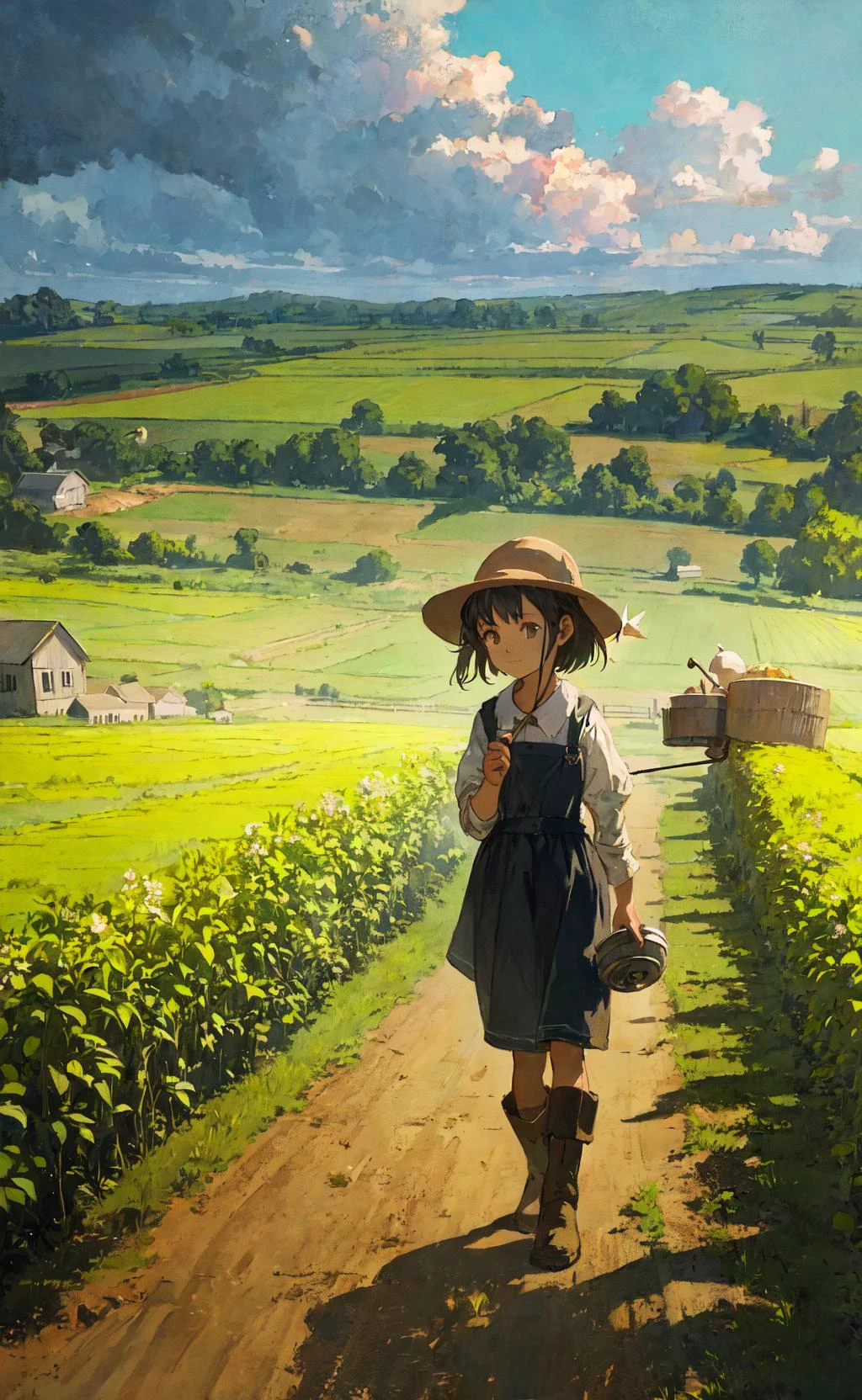 girl working hard at a farm, (painterly, cinematic, atmospheric perspective)