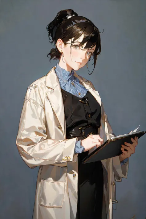 masterpiece, best quality, John Singer Sargent, 1girl, doctor, clipboard, short hair, ponytail, oil painting portrait, simple background