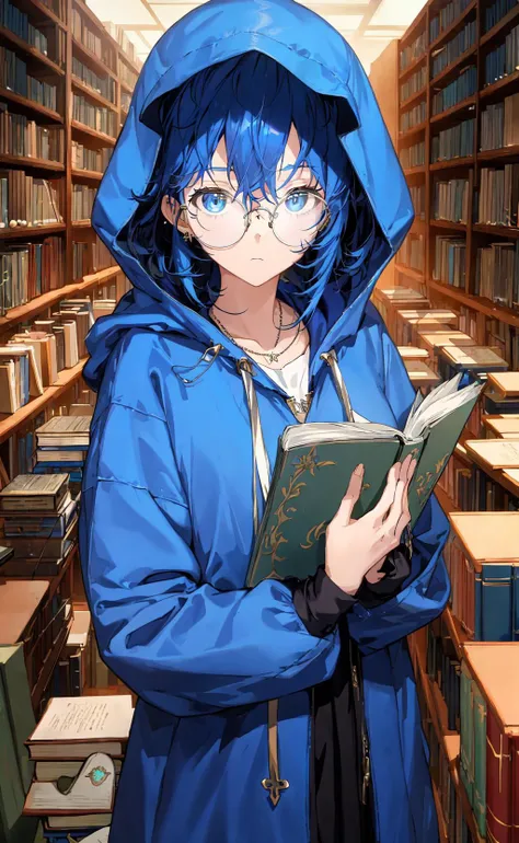 masterpiece, best quality, anime screencap, 1girl, blue hair, medium hair, oversized hoodie, hood up, glasses, jewelry, surrounded by books, library