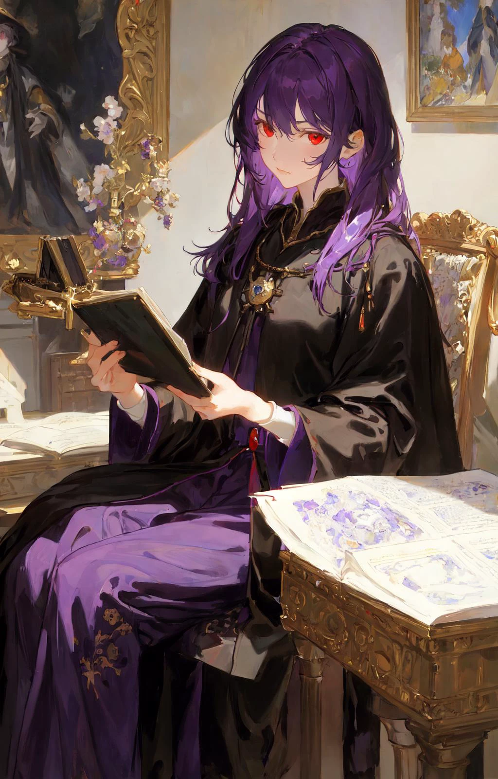 art by John Singer Sargent,masterpiece,best quality,1girl,medieval lord,thinking,purple hair,red eyes,black robe,noble clothes,wise vibe,in the study,