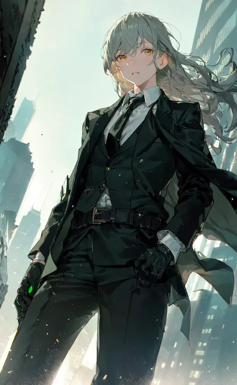 (masterpiece, best quality), (((from below, depth of field, dutch angle, green lighting))), floating hair, 1girl, solo, formal, hand in pocket, suit, black gloves, building, looking at viewer, black necktie, fingerless gloves, white shirt, city, outdoors, black jacket, belt, black pants, collared shirt, brown eyes, standing, long sleeves, grey hair, cityscape, open jacket, cowboy shot, skyscraper, black suit, night, pant suit, very long hair