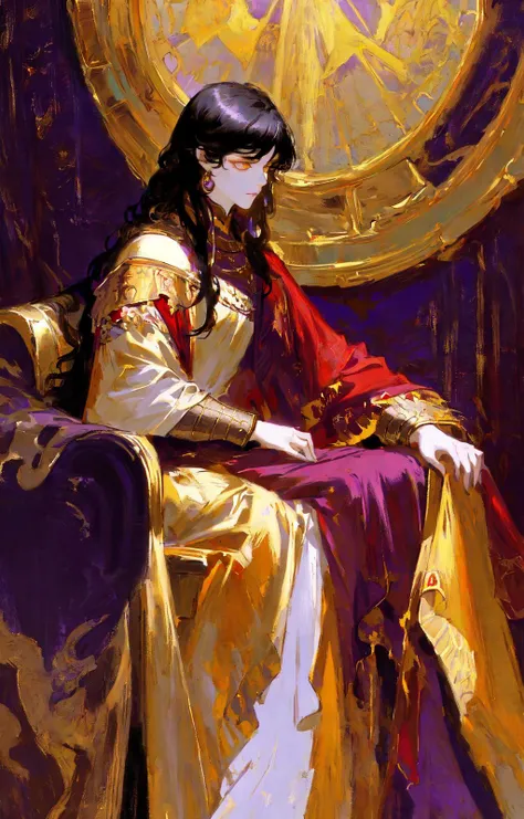 art by Jacques-Louis David,masterpiece,best quality,oil painting style,oil painting,full body,from side,king,emperor,1 girl,(straight hair:1.2),long black hair,crossed bangs,golden eyes,beautiful-detailed eyes,glaring,serious,purple,golden,red,royal clothes,magnificent,detailed crown,cathedral interior,<lora:OilPaint:0.6>,