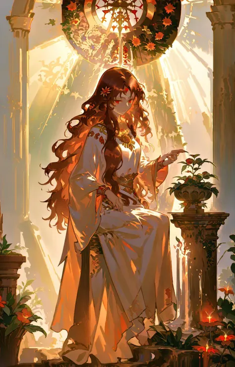 masterpiece,best quality,(Style by NTY:1),intricate,1girl,full body,priestess,very long hair down to feet,curly hair,brown hair,red eyes,sacred,altar,fountain,plants,flower,lightbeam from dome,holy light,<lora:OilPaint:0.7>,<lora:backlighting:0.5>,