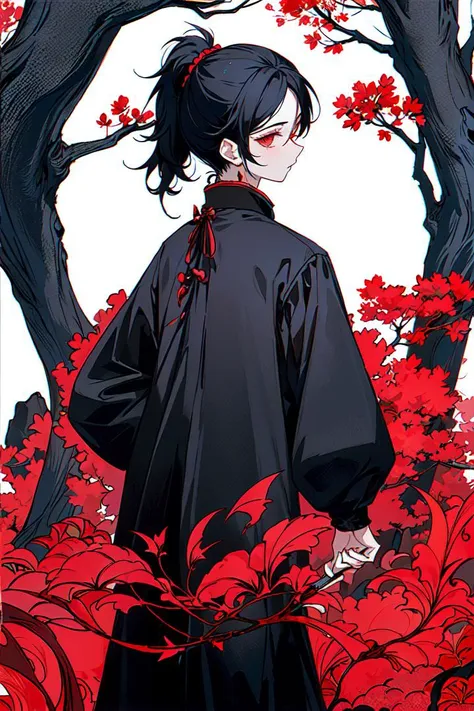 masterpiece, best quality, boy standing under the dead tree, trail, lycoris, chinese clothes, black clothes, simple clothes,  back to viewer, ponytail, wild hair, bleed, black and red palette, eerie, angry