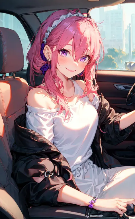 (masterpiece, best quality), 1girl sitting in a car , 1girl, jewelry, smile, looking at viewer, car interior, solo, pink hair, purple eyes, steering wheel, blush, long hair, white shirt, off shoulder, black jacket, hair between eyes, long sleeves, wrist scrunchie