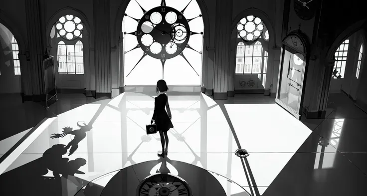 masterpiece,best quality,stream of consciousness,Minimalism,Surrealism,shadow minimalism,abstract,wide shot,from above,the floor is a huge clockface,far away,a girl standing in the center of clock,back,abstract window and shadow,architecture,brightly lit interior,spot light,black and white,lonely,<lora:EnvyShadowMinimalismXL01:1>,