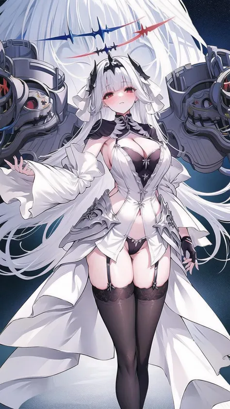 1girl, breasts, long hair, gloves, thighhighs, halo, white hair, cleavage, solo, fingerless gloves, black gloves, black thighhighs, red eyes, large breasts, dress, bangs, very long hair, white dress, black panties, underwear, sword, panties, wide sleeves, garter straps, blush, horns, <lora:MarseillaisV1.0:0.9>, marseillais, starry sky, night sky, upper body, close up, stars,