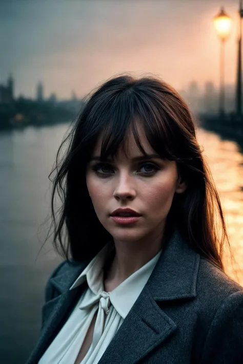 FelicityJ_SoloTI_v1,
(In an elegant, tailored coat, adorned with a vintage brooch, exuding a timeless and graceful charm), (On a misty bridge at dusk, with lampposts casting a soft glow and the river flowing quietly beneath, enveloping the moment in poignant nostalgia:1.3), (seductive:1.3),(analog, cinematic, film grain, hazy atmosphere, cinematic shot:1.3),
<lora:add_detail:0.6>, PA7_Portrait-MCU,
