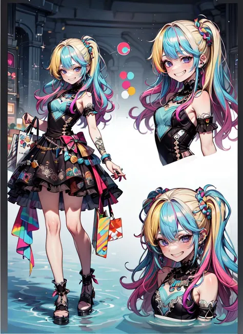 ((best quality)), ((highly detailed)), masterpiece, absurdres, detailed face, beautiful face, (detailed eyes, deep eyes), <lora:more_details:.5>, (1girl), <lora:CharacterDesign_Concept:.7>, (CharacterSheet:1), (multiple views, full body, upper body, reference sheet:1), dynamic pose, cowboy shot, gyaru, (((multicolored hair))), ((blonde hair and purple and light blue hair)), streaked hair, purple hair, blue eyes, <lora:gyaru_grin_v1.0:1.4>, smiley face, grin, medium breasts, jewelry, bracelets, piercings, scrunchies, (inside, in a shopping mall)