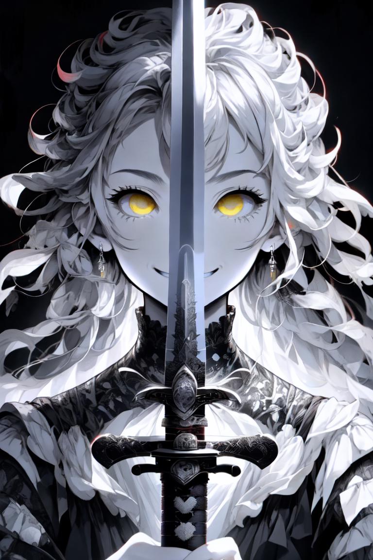 A woman with long hair holding a sword in her hand - SeaArt AI