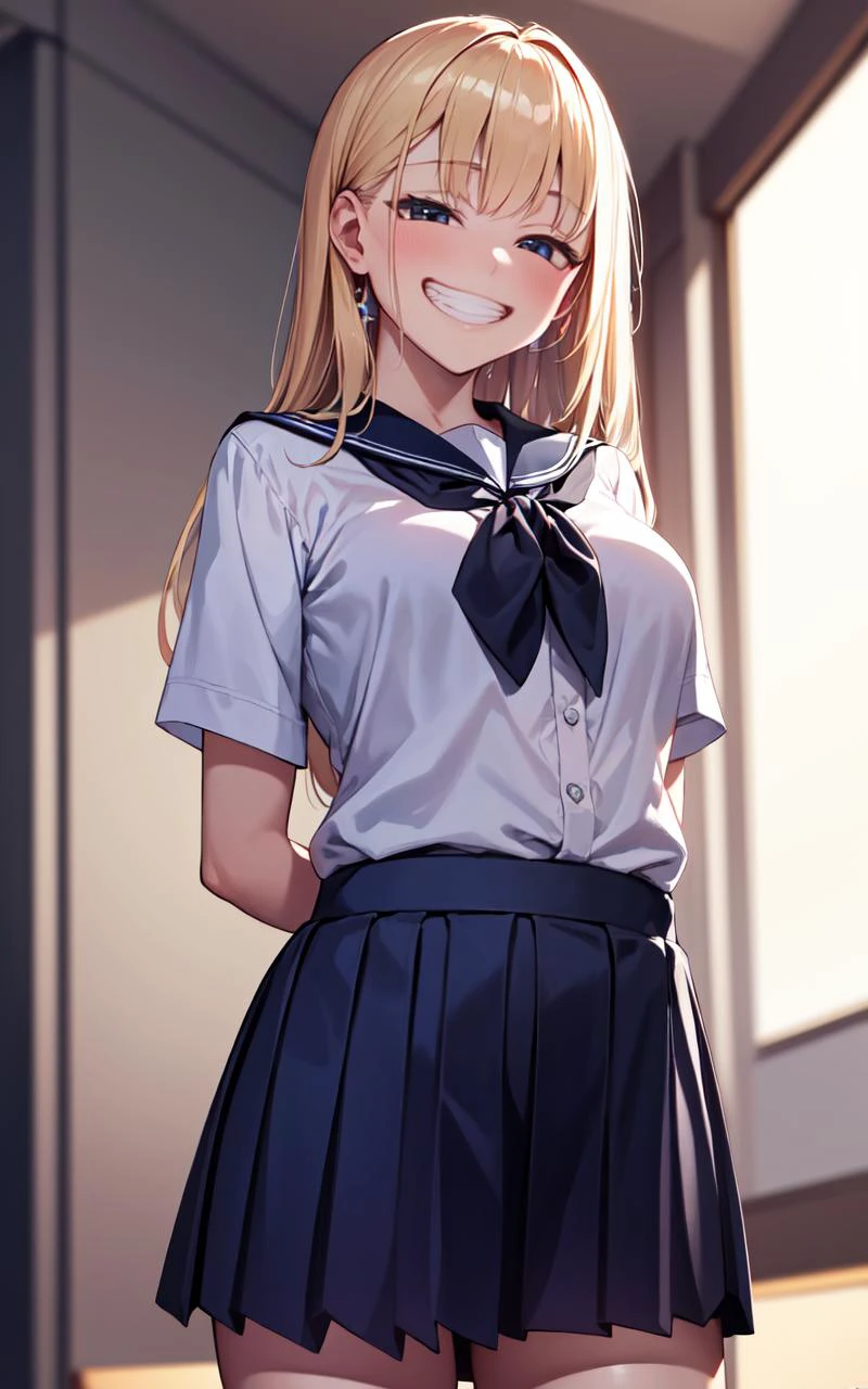 (ultra high res, ultra detailed, high resolution, highly detailed, 4k, 8k), an extremely delicate and beautiful, arms behind back, school, high school, tied shirt, school uniform, smiley face, grin, gyaru, <lora:gyaru_grin_v1.0:1.5>, <lora:AnimeGal_v10:0.6>,
