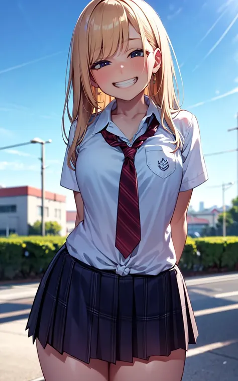 (ultra high res, ultra detailed, high resolution, highly detailed, 4k, 8k), an extremely delicate and beautiful, arms behind back, school, high school, tied shirt, school uniform, smiley face, grin, gyaru, <lora:gyaru_grin_v1.0:1.5>, <lora:AnimeGal_v10:0.6>,