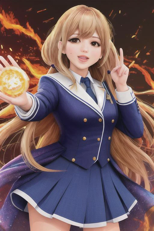 <lora:JenniferLawrenceXLMiniDogu_jwhx woman:.7> "jwhx, Jennifer Lawrence", <lora:anzu:.7> "futaba anzu", fire, pose