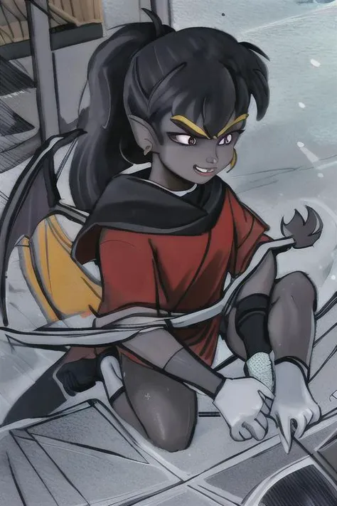 <lora:Demona:.7> "demona, dark grey skin, wings", <lora:0 GLCsensei:.7> "glcsensei,ponytail,petite,kindergarten,food-themed_hair_ornament", diving, rushing