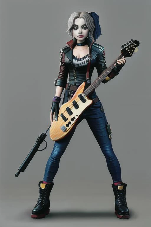 <lora:ShadRavenV1.3.7> "ShadRaven", <lora:harleyssktjl2024:.7> "harleyssktjl2024", post-apocalyptic, electric guitar