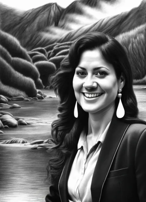 portrait of a full body shot Charcoal drawing, Generate an image of a beautiful smiling female, The subject has short, black hair and is wearing a professional clothes .she's wearing statement earrings. The clothing style is formal with dark Charcoal. She's wearing a blazer as a top and a skirt as bottoms. The scene is set in a river environment.
