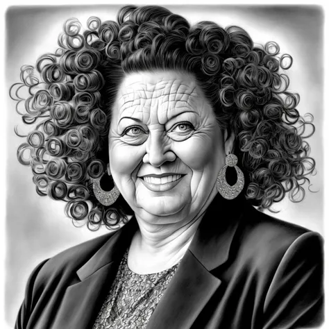 Charcoal drawing,Generate an image of a middle-aged female, and a Curvy body type. The subject has short, curly black hair and is wearing a professional pantsuit.she's wearing statement earrings. The clothing style is formal with dark Charcoal. She's wearing a blazer as a top and a skirt as bottoms. The scene is set in a modern office environment.