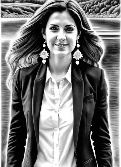 portrait of a full body shot Charcoal drawing, Generate an image of a beautiful female, The subject has short, black hair and is wearing a professional clothes .she's wearing statement earrings. The clothing style is formal with dark Charcoal. She's wearing a blazer as a top and a skirt as bottoms. The scene is set in a river environment.
