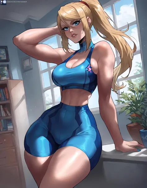 score_9, score_8_up, score_7_up, 2D, EchoSaber, 1girl, solo, samus aran, looking at viewer, lip gloss, wide hips, narrow waist, blonde hair, blue eyes, ponytail, indoors, white tank top, blue bike shorts, skindentation <lora:EchoSaberSDXL-000001:1> <lora:Smooth Style 2 SDXL_LoRA_Pony Diffusion V6 XL:0.85>