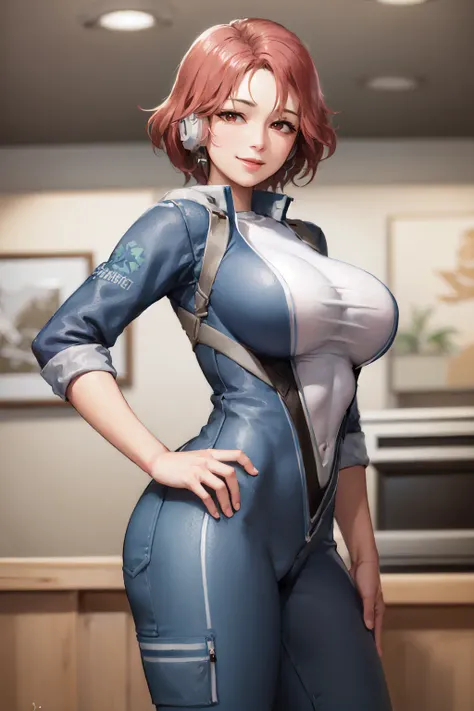 (masterpiece, best quality:1.2), <lora:lastorigin_fortune-10:0.8>, cowboy shot, solo, 1girl, fortune \(last origin\), smile, closed mouth, looking at viewer, hand on hip, bodysuit, large breasts
