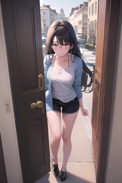 masterpiece, best quality,highres,highly detailed,<lora:genkanx3:0.8>,entrance_ground,1girl, long hair, glasses, black hair,