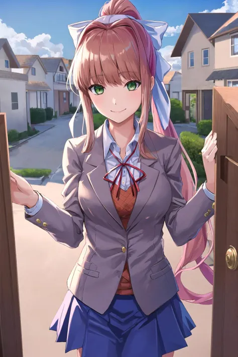 masterpiece, best quality,highres,highly detailed,<lora:ddlc:0.8>,monika, green eyes, brown hair, very long hair, ponytail, hair ribbon, white ribbon,nervous smile, blazer, brown sweater, collared shirt, neck ribbon, blue skirt,school uniform,<lora:genkanx3:0.6>,entrance_ground,((houses_background))