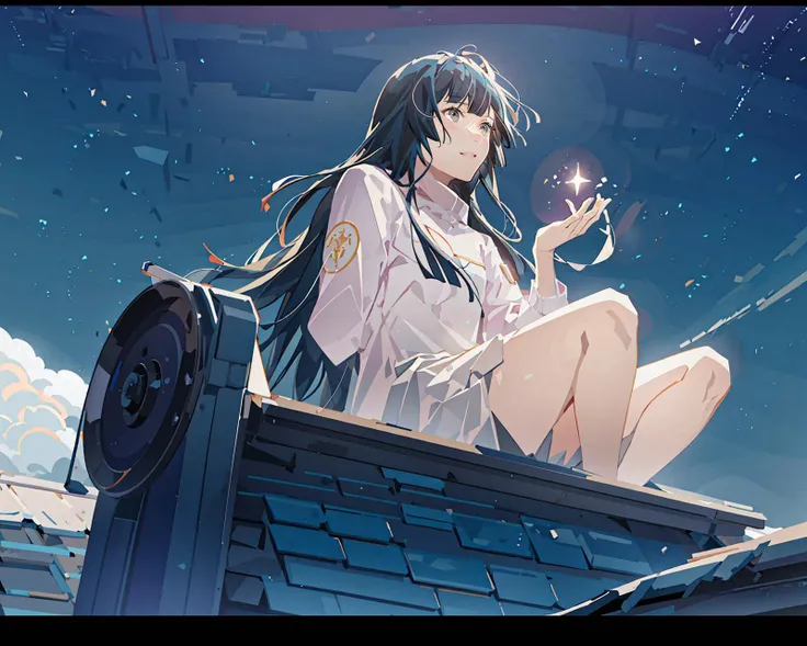 octans, sky, star (sky), scenery, starry sky, night, 1girl, night sky, solo, outdoors, signature, building, cloud, milky way, sitting, tree, long hair, city, silhouette, cityscape