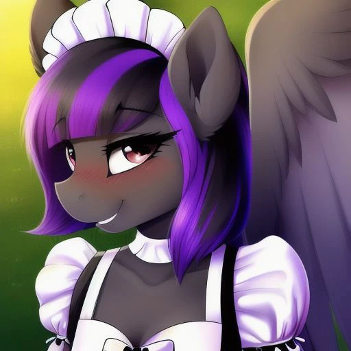 wild ponies (high definition), ((masterpiece)) , ((best quality)), artwork, beautiful,((best quality)), (((high detail))), perfect red eyes, perfect hands, bright colors, perfect lighting, (anthro), (fluffy) , (small breasts, big hips, , short hair), ((black purple hair, straight bangs: 1.1), dressed: 1.1 , (((maid clothes))) , ( ( blush )), day, (( seductive pose) ), pony {my little pony} mare, female, (purple tail), ((black and gray fur)), (nice round face) , outside, (( ( beauty, white and gray wings))), (((best quality wings))),((wings 2 colors 1 black 2 gray)), ((close up of upper body)),(((orne purple hair )))