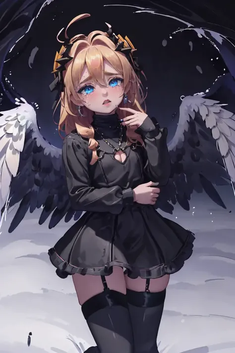 (AS-YoungestV2:1.3), (detailed eyes:1.3), Beautiful Lighting, (1girl:(Thick thighs:0.8), blue  eyes, (blonde hair:1.3),  absurdly long hair, ahoge, eyebrows visible through hair), (real skin), <lora:l - L| :1.3>,
(outdoors:1.3), (alley:1.2),
turtleneck sweater, plaid mini skirt, knee-high boots,
 <lora:FAngl:0.8>, FAngl, angel wings, dark theme, <lora:l-Tools-[ |tT:2>,( tears drop:1.2),