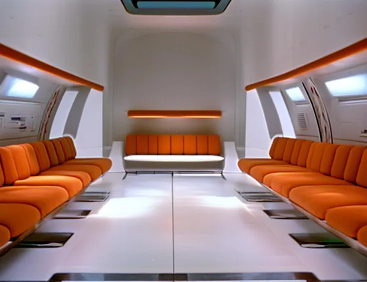 interior lounge on a space station with white walls and orange chairs, film still from 2001 a space odyssey