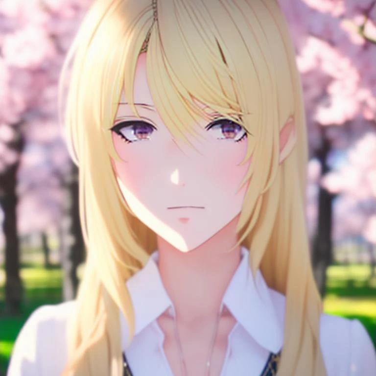 close up of a blonde woman, anime style, epic lighting, in a garden with cherry blossom trees in the background, depth of field