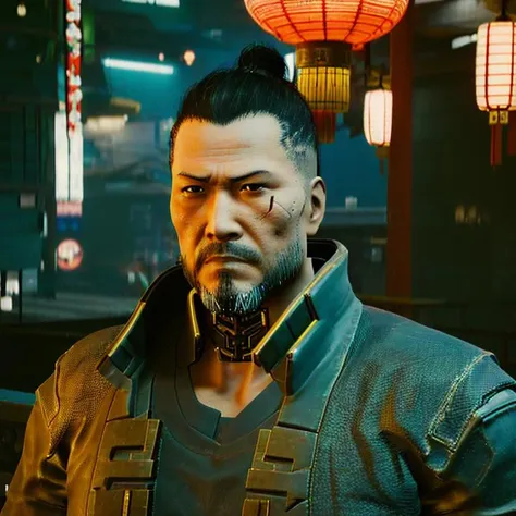 close up of takemura from cyberpunk 2077 standing in japantown, looking at the camera